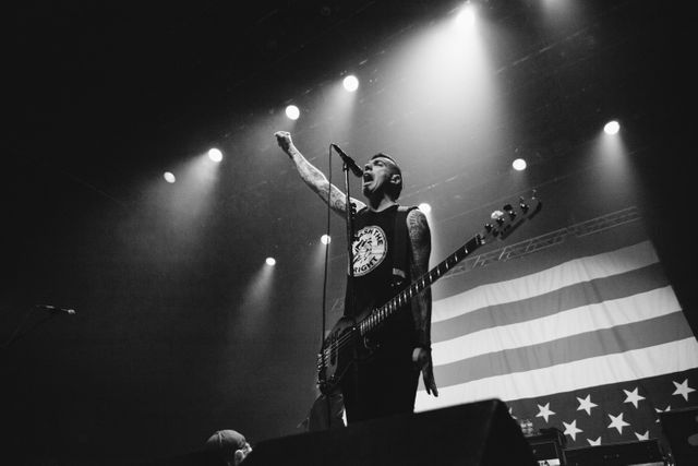 Musician playing bass guitar and singing into a microphone while performing on stage. Raised fist projects energy and passion. Background features American flag, adding a sense of patriotism. Perfect for illustrating live music events, rock concerts, indie bands, musical performances, artist profiles, and patriotic themes.