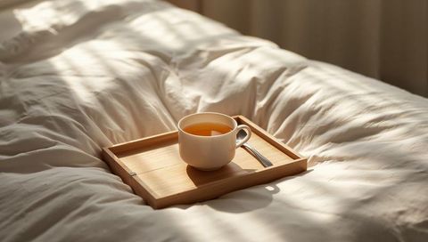 Sunlit morning tea on wooden tray resting on rumpled cream duvet for cozy bedroom