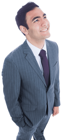 Asian Businessman in Formal Suit Looking Upward with Confident Smile