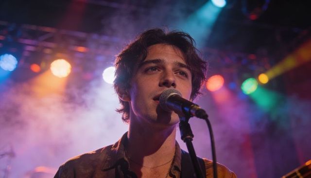 Indie male vocalist performing under colorful stage lights close-up microphone portrait