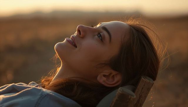 Young woman reclining in golden-hour field portrait with warm backlight and serene bokeh