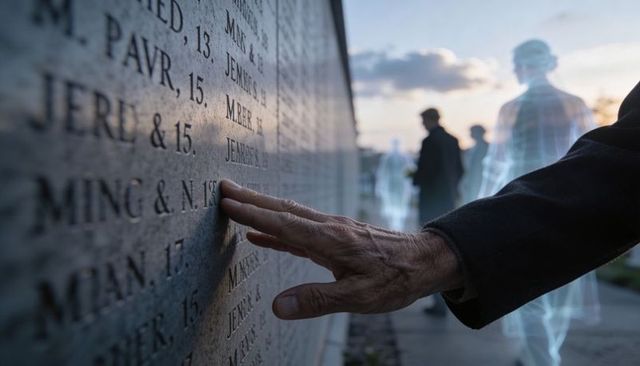 Senior hand tracing carved names on memorial wall at twilight with ghostly silhouettes