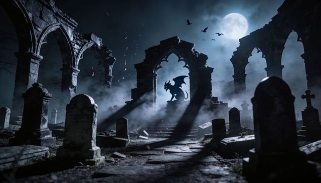 Perching dragon silhouette in moonlit gothic graveyard ruins with fog and bats