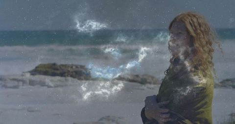 Woman on Beach with Surreal Celestial Overlay