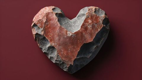 Heart-shaped stone sculpture on maroon background