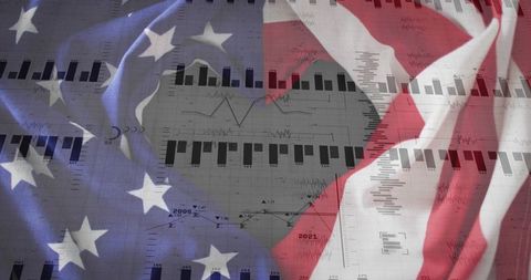 American flag overlay showing financial charts and national economic data trends