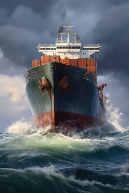 Cargo boat loaded with cargo boxes sailing at rough sea, created using generative ai technology. Ships, cargo and sea transport concept digitally generated image.