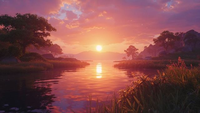 Tranquil Sunset Reflections on Serene Lake Surface