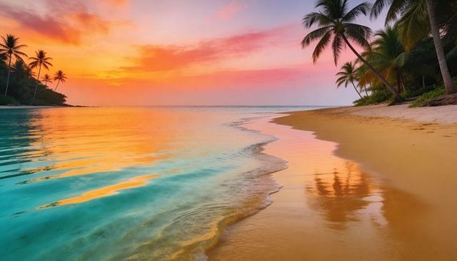 Tropical beach reflecting sunset with turquoise water, golden sand and palm silhouettes