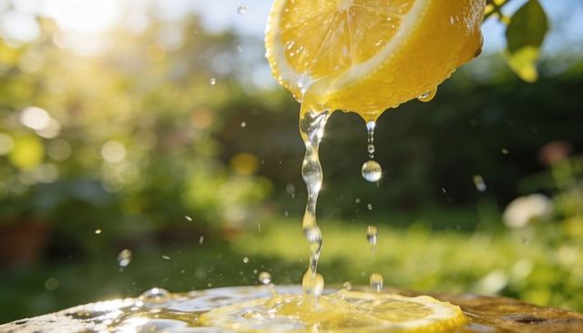 Sunlit lemon juice dripping from halved lemon onto slice on rustic wooden board with bokeh
