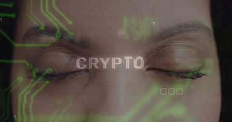 Contemplative adult female with closed eyes and crypto circuit overlay biometric concept