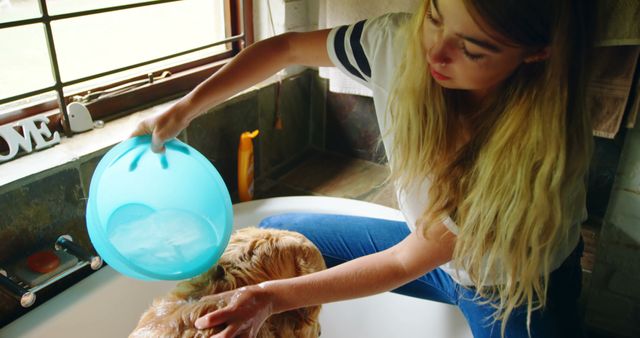 Young Woman Bathing Golden Retriever at Home in Bathtub - Download Free Stock Images Pikwizard.com