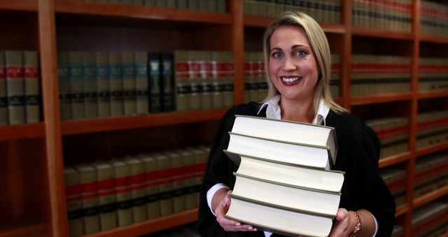 A Caucasian middle-aged female lawyer holds a stack of thick books in a law library, with copy space. Her confident smile suggests she is well-prepared for legal research or case study.