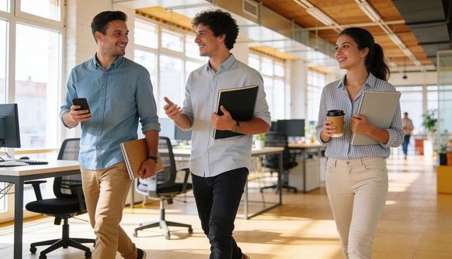 Young professionals walking through sunlit open-plan office holding notebooks, coffee and phones