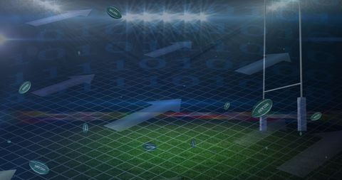 Digital Rugby Stadium with Interactive Arrows and Graphics