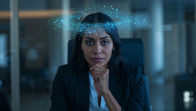 Corporate executive studying holographic blue neural network overlay in modern office