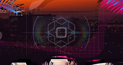 Neon hologram projecting polygonal grid over rooftop sunset with tropical palm fronds