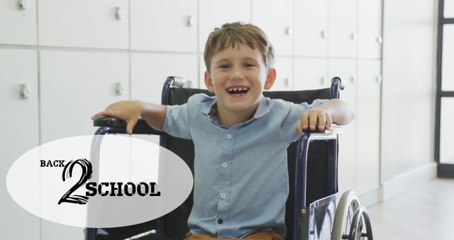 Happy Boy in Wheelchair Smiling Inside School Hallway - Download Free Stock Images Pikwizard.com