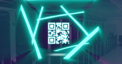 Neon QR Code Over Computer Servers Symbolizing High-Tech Innovation - Download Free Stock Images Pikwizard.com