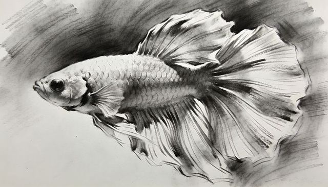 Betta fish charcoal drawing with flowing fins, inkwash texture and monochrome detail