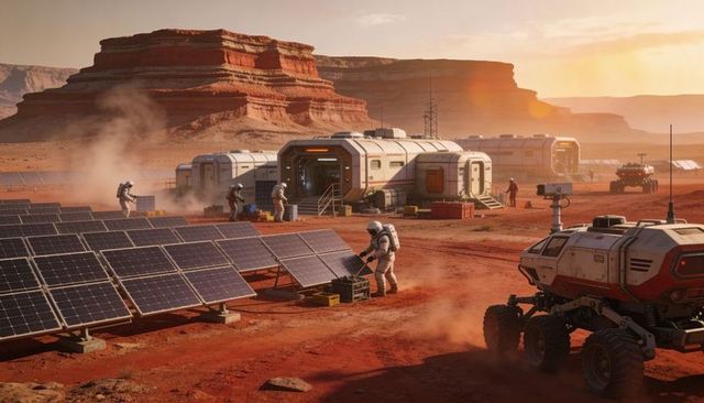 Mars colony crew repairing solar arrays at canyon habitat base during sunset