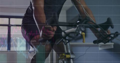 Pedaling man tracking cycling performance metrics with data overlays and cadence analytics