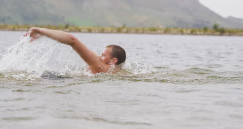 Man Enjoying a Swim in Mountain Lake with Scenic Background