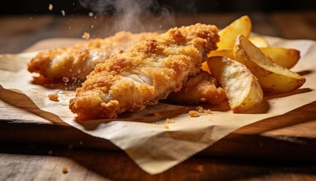 Crisping golden breaded fish fillets with rustic potato wedges on parchment