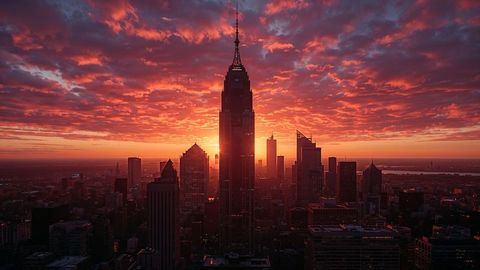 Charlotte skyscraper silhouette at vibrant sunset over urban skyline