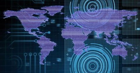 Futuristic Digital World Map with Neon Purple Continents and Cyan HUD Rings for Cybersecurity