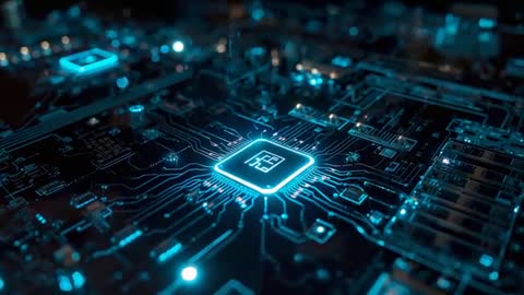 Neon-Blue Microchip on Circuit Board Glowing Energized Pathways