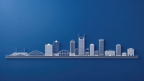 Minimalist white line art cityscape on deep blue background, knoxville concept
