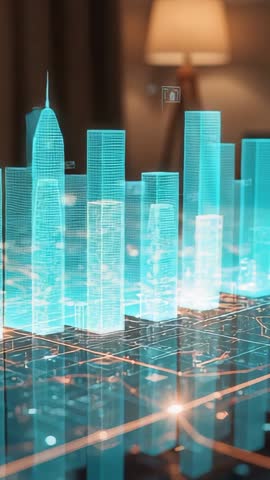 Vertical Holographic City Wireframe Shifting Amber to Cyan over Interactive Smart Grid Tabletop