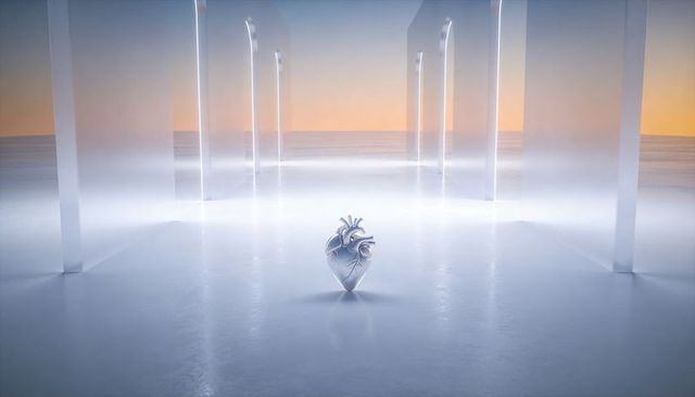 Glinting silver anatomical heart on reflective seascape with glass arches at sunrise