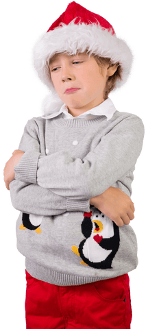 Caucasian Boy in Santa Hat with Crossed Arms on Transparent Background