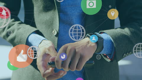Businessman Using Smartwatch with Social Media Icons Overlay