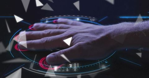 Human Hand Operating a Futuristic Holographic Interface with Vibrant Shards