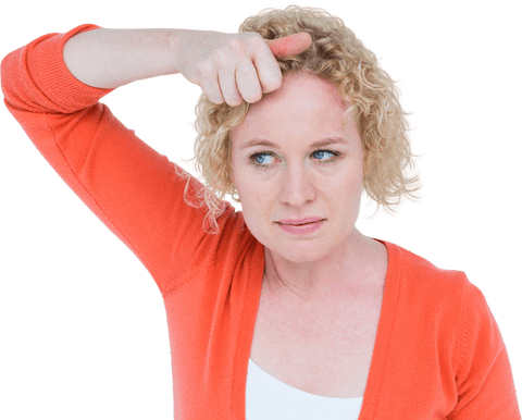 Curly Blonde Woman Touching Forehead Transparent Background