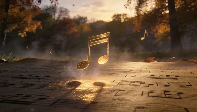 Golden floating eighth note hovering above sheet music in autumn forest sunset glow