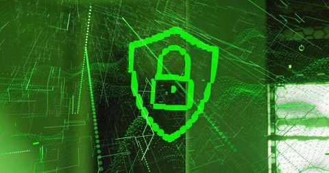 Neon Green Cyber Shield Protecting Data with Pixelated Padlock in Glitch Wireframe Network