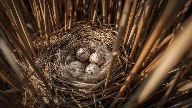 Four speckled bird eggs nestled in woven reed nest among marsh grasses at golden hour