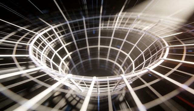 Glowing wireframe funnel forming concentric rings and radial ribs in dark void with motion blur