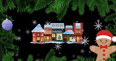 Cartoon Christmas Street Surrounded by Festive Foliage