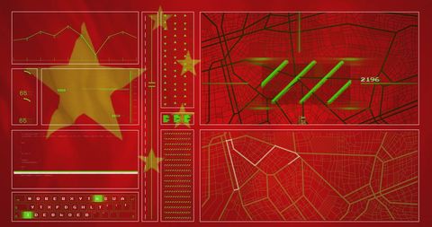 Digital Mapping and Analytics Overlay with Chinese Flag Elements