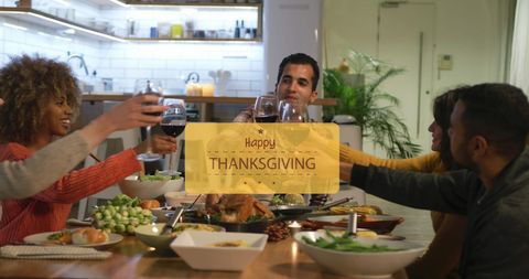 Diverse Friends Celebrating Thanksgiving Dinner with Joy