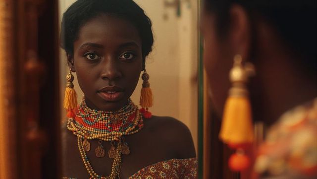 Elegant Woman Admiring Herself in Mirror with Vibrant Accessories