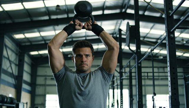 Man pressing kettlebell overhead inside industrial gym rig, building strength and focus