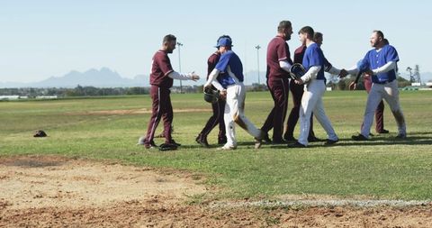 Baseball players display team spirit shaking hands on field