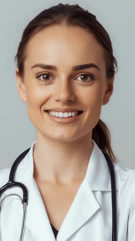 Zooming vertical video filming female doctor smiling with stethoscope in clinic
