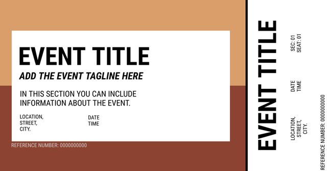 Versatile event ticket template featuring bold graphics and modern design. Ideal for promoting conferences, workshops, and professional events. Offers clear section for event details, date, time, location, and a unique reference number. Perfect for printed or digital event materials.